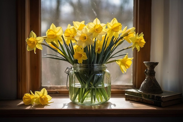 Default Daffodils in a glass jar on a windowsill