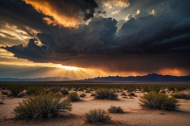 Default Dark clouds over a desert landscape at sunset