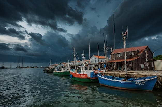 Default Dark clouds over a fishing harbor