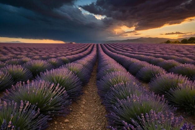 Default Dark clouds over a lavender field at sunset