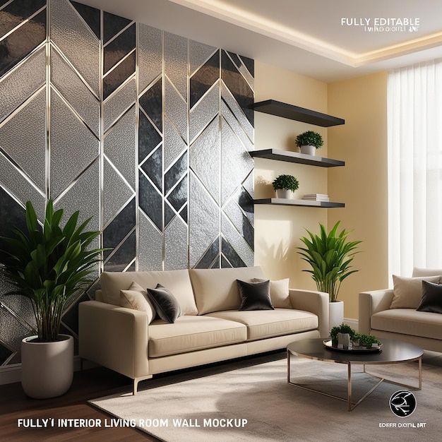 Default A fully editable interior living room wall mockup craf