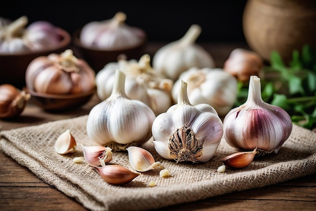 Default Garlic cloves on rustic cloth