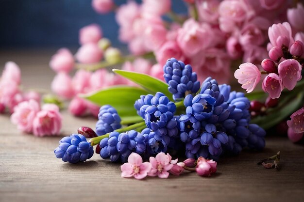 Photo default grape hyacinth and cherry blossoms