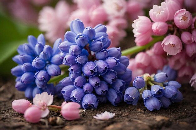 Photo default grape hyacinth and cherry blossoms