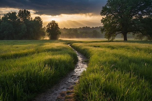 Default Heavy rain on a meadow path at sunrise