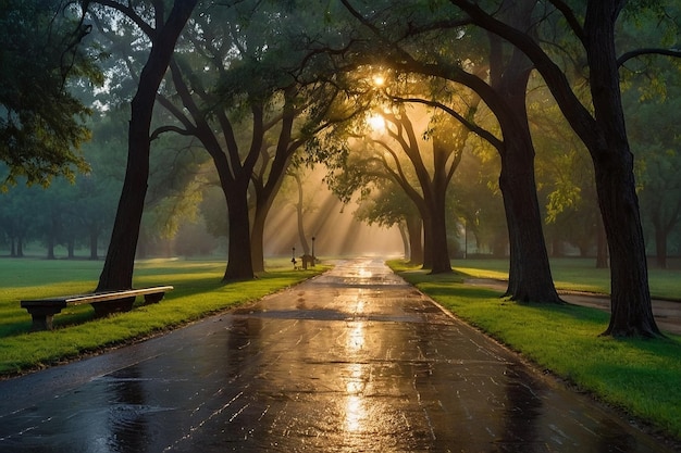 Default Heavy rain on a park path at sunrise