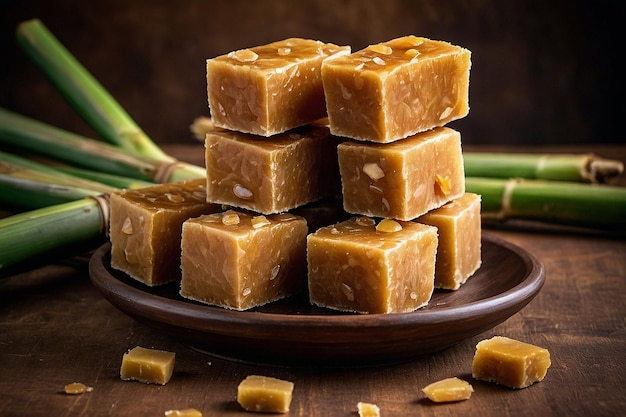 Default Jaggery with freshly cut sugarcane pieces