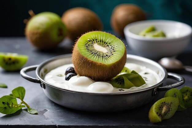 Default Kiwi in a metal tray with yogurt