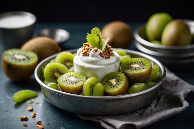 Default Kiwi in a metal tray with yogurt