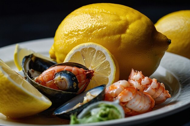 Default A lemon half being squeezed over a plate of seafood