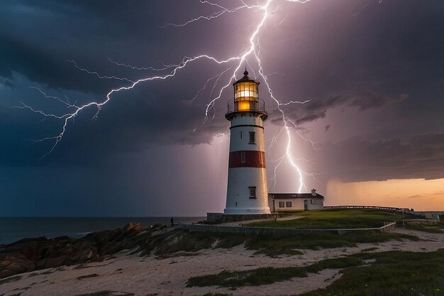 Default Lightning striking near a lighthouse at sunrise