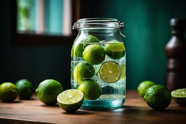 Photo default limes in a glass jar with water