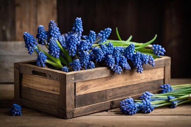 Photo default muscari in a rustic wooden crate