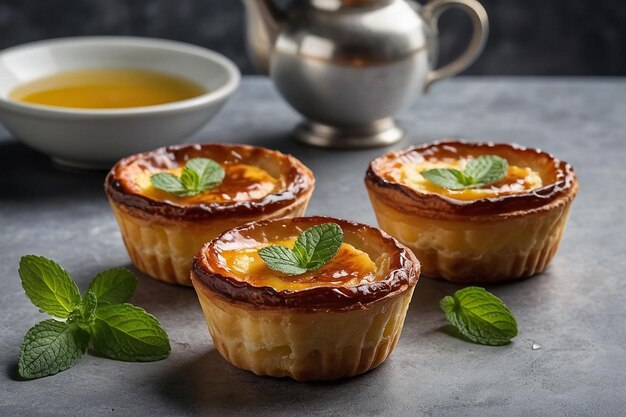 Default Pastel de nata served with a sprig of mint realist