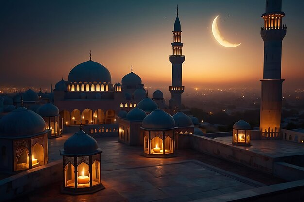 Default A peaceful mosque scene with candlelit pathways and a