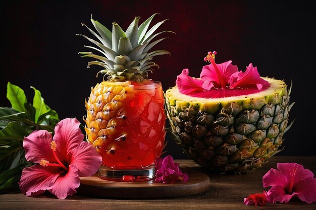 Photo default pineapple juice with a hibiscus flower