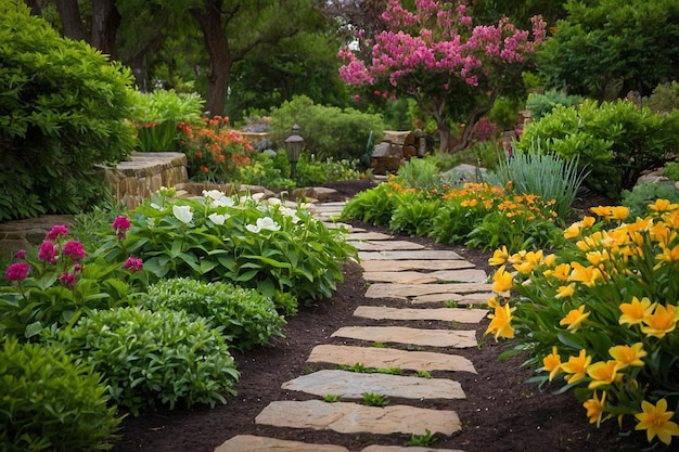 Default A stone path through a blooming garden