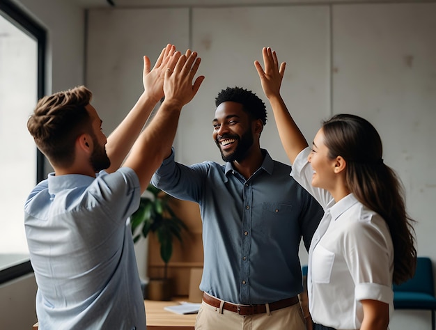 Default A team celebrating a successful project with a highfiv