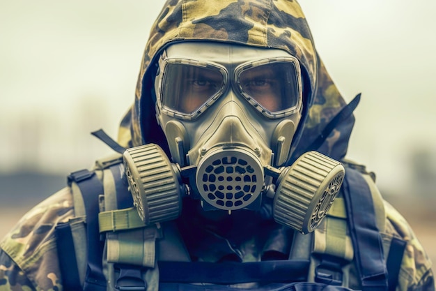 Defensive Gear The soldier wears a protective mask amid danger whether from warfare viruses or pollution highlighting the significance of military uniform and safety measures