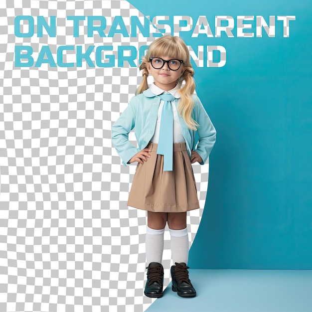 A Defensive Toddle girl with Blonde Hair from the Asian ethnicity dressed in Optician attire poses in a Standing with Crossed Ankles style against a Pastel Blue background