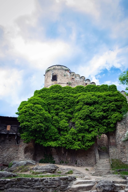 Defensive walls and fortifications of a medieval castle.