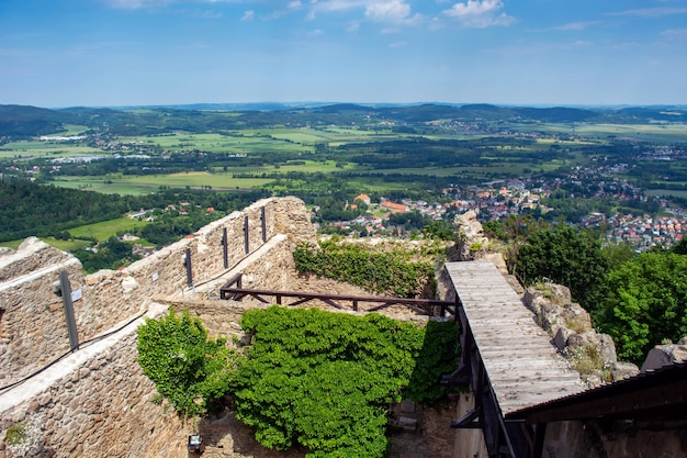 Defensive walls and fortifications of a medieval castle.