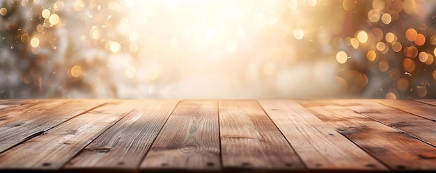 Photo defocus christmas tree wooden table background bokeh over rustic wooden table copy space