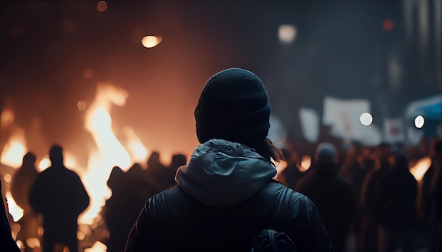 Defocus female and male activist protesting with megaphone during a strike with group of demonstrator in background