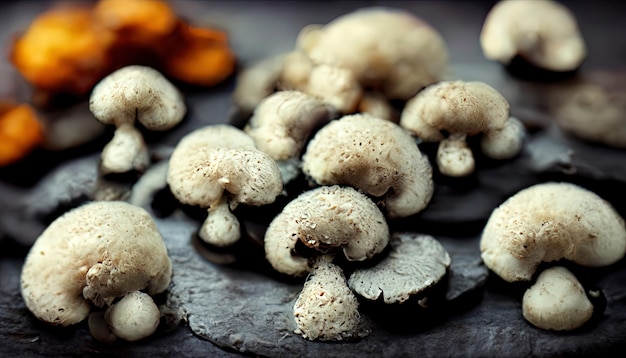 Defocus raw mushrooms champignons on black background Generative Ai