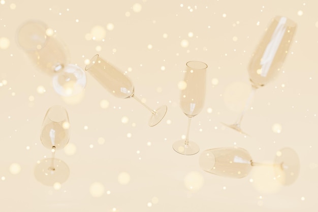 Defocused background of champagne glasses with glowing lights on a warm background christmas and new year background 3d rendering