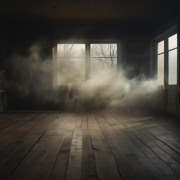 Defocused background of fog in darkness smoke and mist on a wooden floor Abstract and moody Halloween backdrop