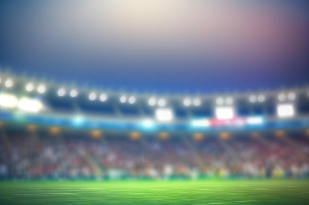 Defocused evening soccer field in a stadium