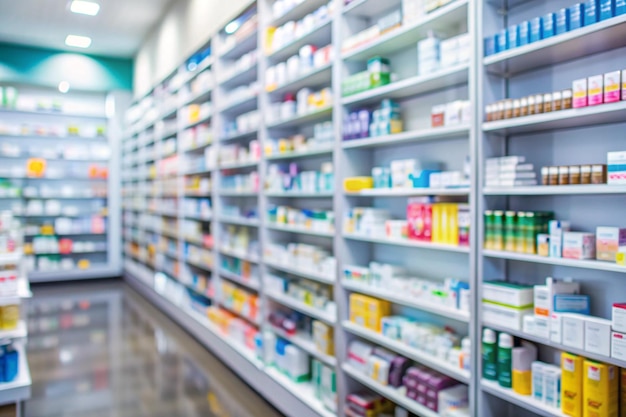 Photo defocused image of products arranged in shelves at pharmacy