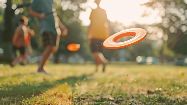 Photo defocused players passing a frisbee back and forth in a casual outdoor game