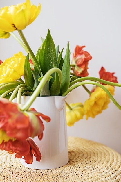 Defocused yellow red blooming tulip flowers with green stems and leaves in white ceramic pitcher on light white wall background Creative floral botany wallpaper Minimal creative greeting card