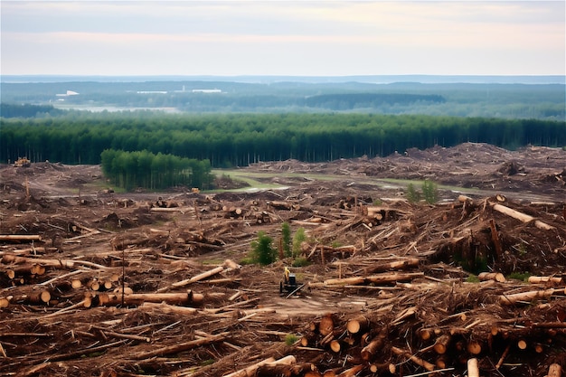 Deforestation aerial drone photo of logging in forest