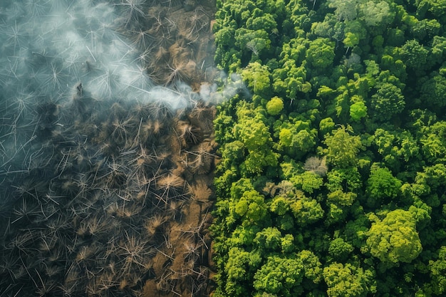 Photo deforestation and a burning forest