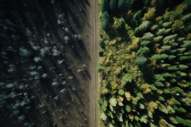 Deforestation concept half of deforestated land and half of land with forest drone view Generative AI