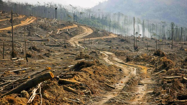 Photo deforestation and a winding dirt road through a cleared rainforest