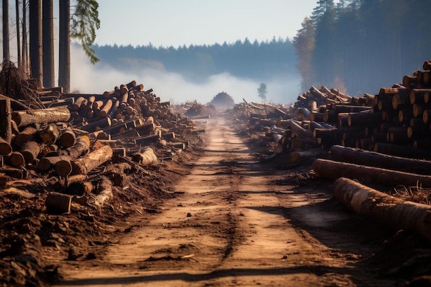 A deforested area with a dirt path Copped down logs laying on the ground around it fog smoke and forest in the background Copy space