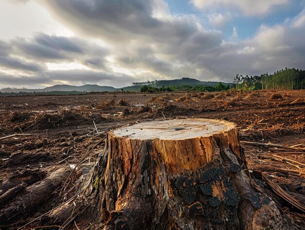 Photo deforested land with cut tree stump and cloudy skies in rural area during daylight hours