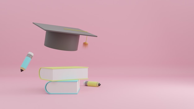 Degree hat of Education concept. book and pencils on pink background. 3d rendering