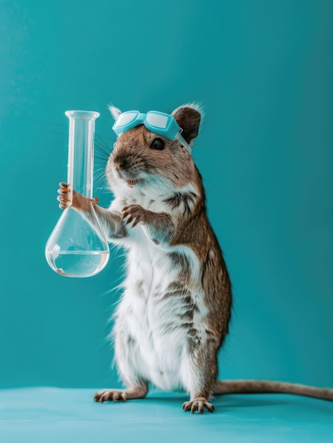 a degu dressed as a scientist wearing safety goggles and holding a beaker conducting expe