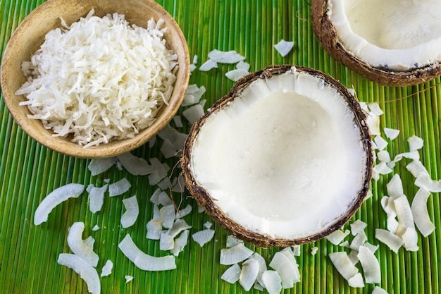 Dehydrated coconut flakes in wooden bowl.