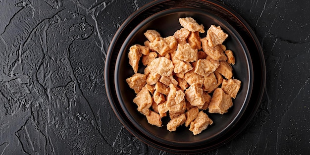 Photo dehydrated soy protein chunks displayed on a dark plate showcasing textured vegetable protein on a circular wooden dish with ample space for text