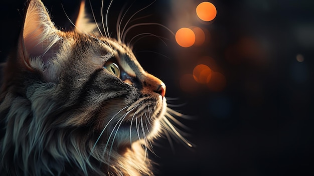 A dejected feline gazes up at night bokeh light Generative AI