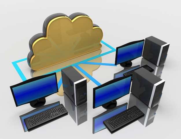 Dektop pc and computing cloud . internet concept. 3d rendered illustration