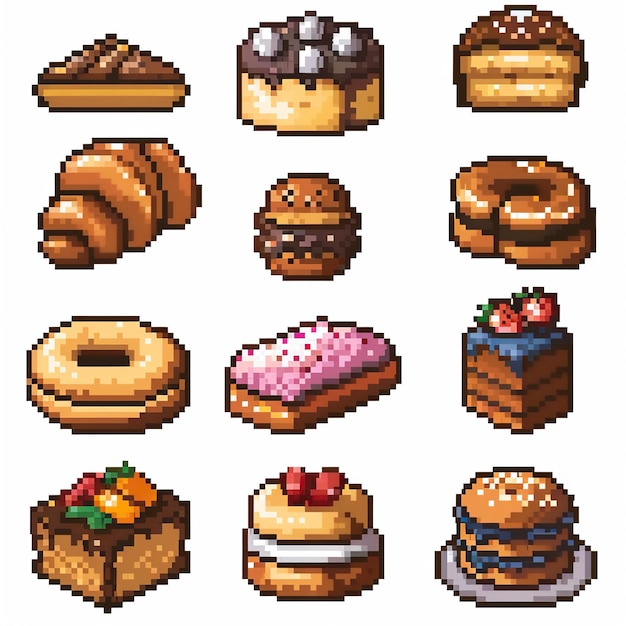 A delectable assortment of pixelated pastries and desserts in various flavors and toppings