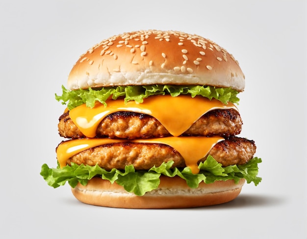 A delectable chicken patty burger with melted cheese fresh lettuce on a toasted bun isolated on a white background Generative AI