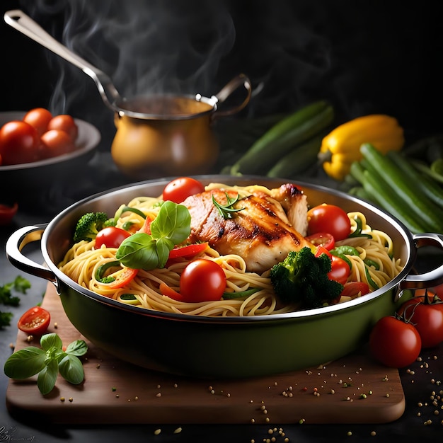 Delectable Chicken Vegetable Medley Spaghetti Woven in a Pan Against Dark Moody Backdrop